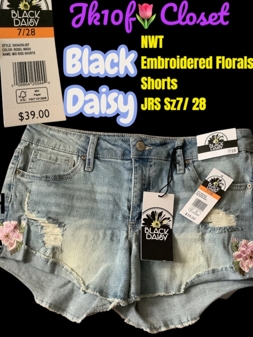 LOWEST🌺NWT Black Daisy DISTRESSED Embroidered Florals JEAN SHORTS